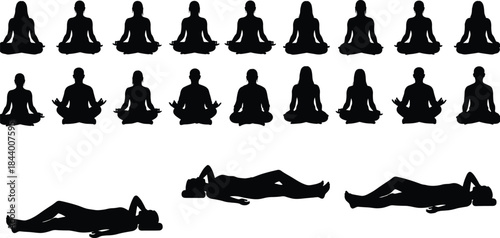 Yoga pose silhouette vector set, meditation and relaxation positions, black illustration, seated and lying figures, wellness concept icons