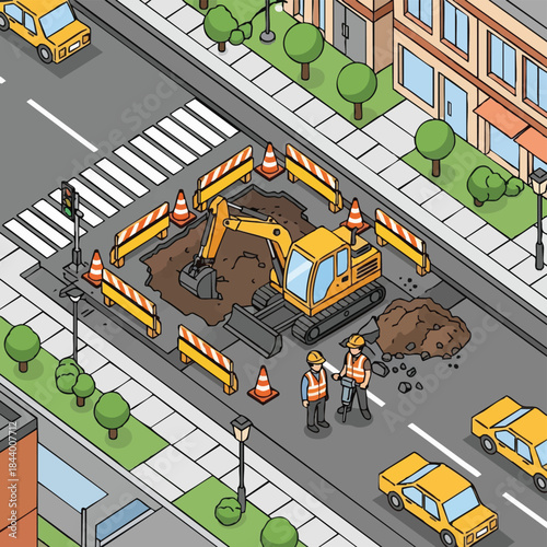 roadwork construction site with excavator and workers.
