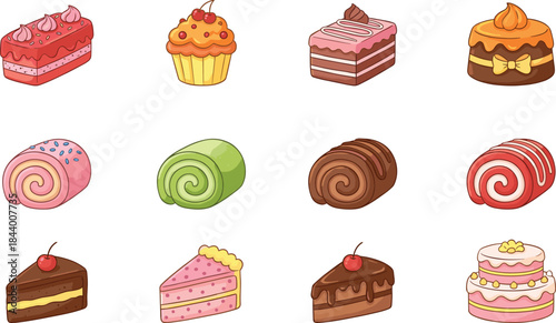 Dessert cartoon vector, cake slice illustration, cupcake clipart, sweet bakery icons, colorful pastry drawing, kids food art, celebration treats