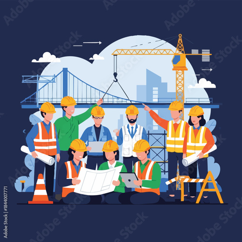 Construction Team Planning Project with Crane and Bridge.