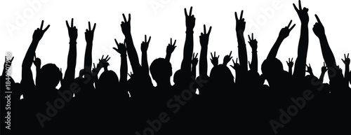 “Crowd silhouette celebrating with raised hands and peace signs, energetic group illustration showing lively audience at event, party, festival vector artwork”