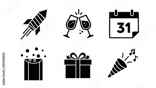 Set of new year celebration icons including firework calendar champagne and gifts