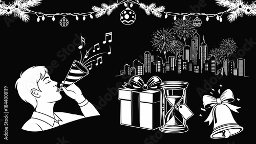 New year celebration background with man blowing horn fireworks cityscape gift hourglass bell