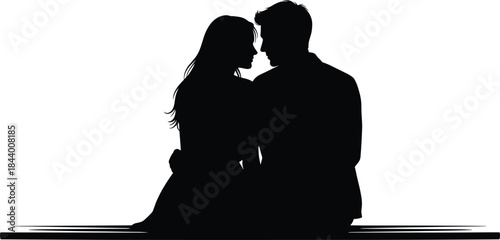 Romantic couple sitting together silhouette vector, man and woman love illustration, dating relationship artwork for Valentine wedding romantic scene