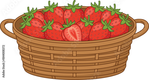 Woven basket filled with ripe red strawberries, fresh fruit with green leaves and sliced berry, healthy seasonal produce illustration