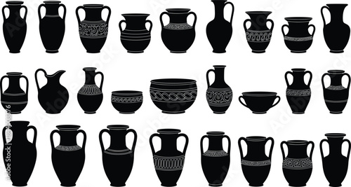 Ancient Greek and Roman Pottery Vases, Black Silhouette Vector Set of Amphorae, Kraters, Hydrias, and Jars, Historical Ceramic Artwork and Archaeological Artefacts Collection, Culture and History.