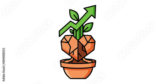 resilience and growth vibrant green plant with upward arrow emerging from cracked heart in pot symbolizing recovery and success.