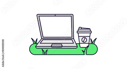 remote work laptop and takeaway coffee cup on grass minimalist outdoor workspace illustration for freelance startup and blog design