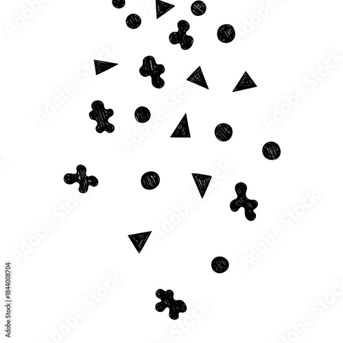 Abstract scattering of small black geometric shapes on white background for modern design