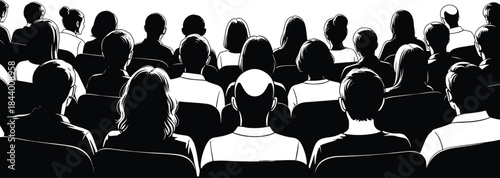 Audience sitting in dark theater or lecture hall silhouette vector illustration, people from behind watching screen or stage performance, crowd 