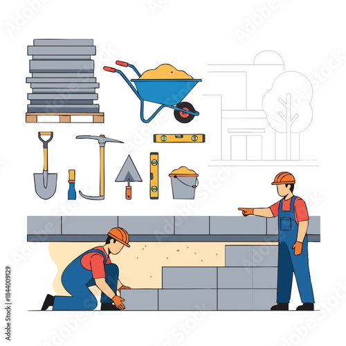 Two construction workers building a wall with various tools and materials like blocks, wheelbarrow, shovel, and levels on a building site.