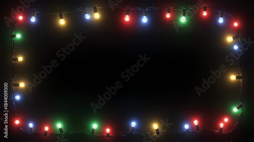Christmas festive fairy lights festoon coloured flashing chaser party lights border margin frame with plain black background that can be made invisible using screen blending mode 4K animation