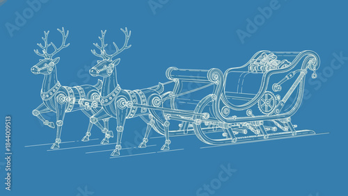 Festive Sleigh and Reindeer Blueprint Design for Holiday Season