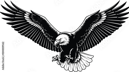 Bald Eagle Silhouette Vector Illustration, Detailed Black Design of American Bird of Prey with Spread Wings and Talons, Representing Freedom, Patriotism, USA, and Strength Design