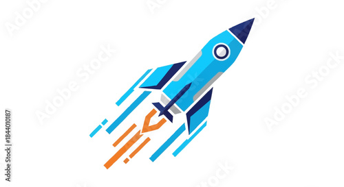 startup rocket launch icon in flat vector style blue spacecraft taking off with speed lines on white background for business growth concept