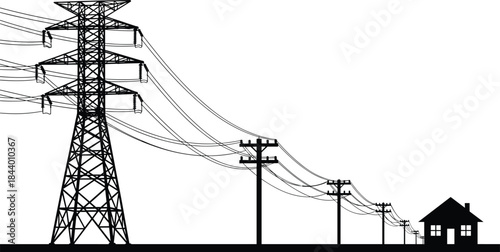 Silhouette illustration showing electrical transmission tower with descending utility power line poles delivering energy supply directly toward residential home connection system