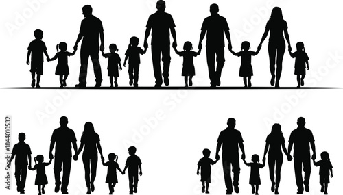 Silhouette illustration of families walking together holding hands with parents and children representing unity, bonding, love, support and strong family relationship