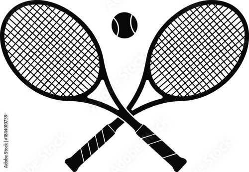 Crossed tennis rackets and ball sports icon, black silhouette tennis equipment illustration, sporty design for tournament, club, logo branding