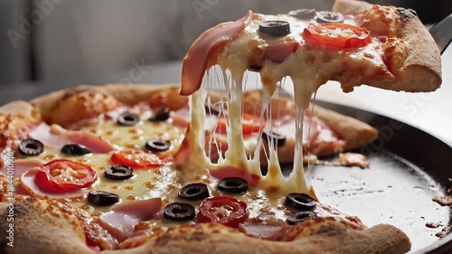 Delicious Pizza Slice Being Lifted with Stretchy Cheese.