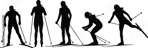 Silhouettes of cross-country skiers in varied dynamic poses using poles and skis, demonstrating winter sports motion, athletic activity, outdoor exercise, and snow recreation