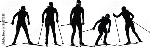 Silhouettes of cross-country skiers in dynamic motion using poles and skis, demonstrating winter sports activity, athletic movement, outdoor fitness, and snow recreation
