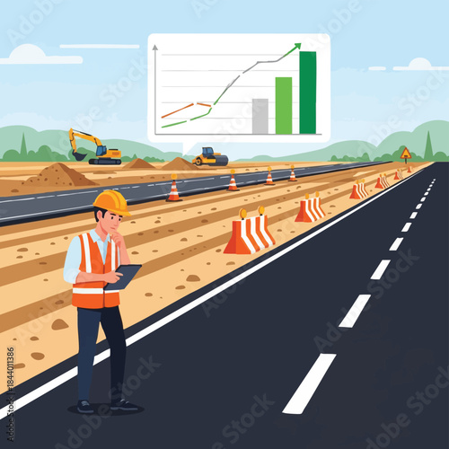 Construction worker monitoring progress of a new road project with a digital tablet and a growth chart overlay.