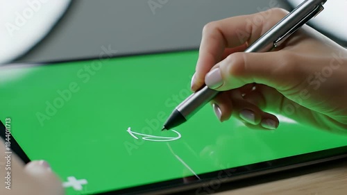 Person Using Digital Pen on Green Screen Tablet.