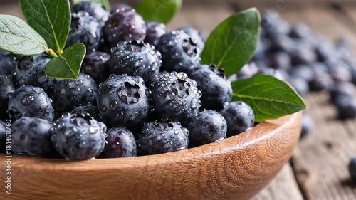 Fresh Blueberries in a Wooden Bowl on a Rustic Tabletop.