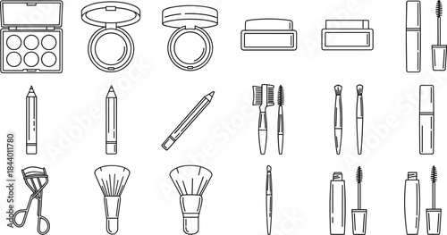 Set of black cosmetic tool icons including brushes, mascara, palette, eyeliner, curler for beauty, makeup, fashion and salon design