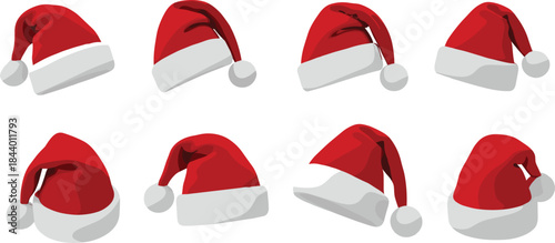 Set of eight red Santa hats in various festive styles for Christmas decoration, holiday design, winter celebration and seasonal graphics