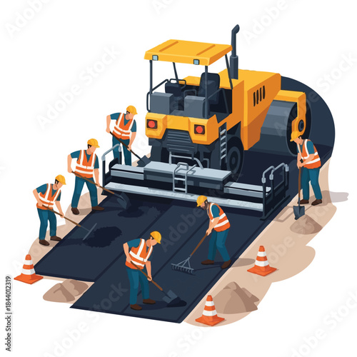 Construction workers paving a new asphalt road with heavy machinery and safety cones.