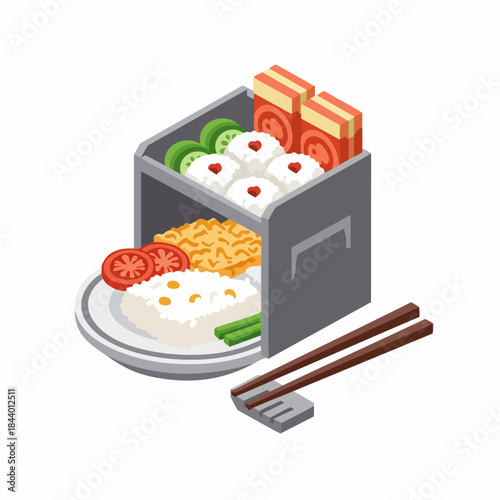 Isometric Delicious Bento Lunchbox Asian Food Cuisine Illustration