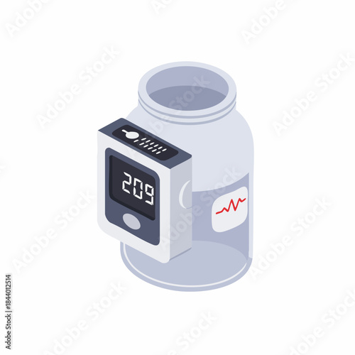Isometric Detailed Glucose Monitor with Jar of Urine for Diabetes Testing Medical Illustration
