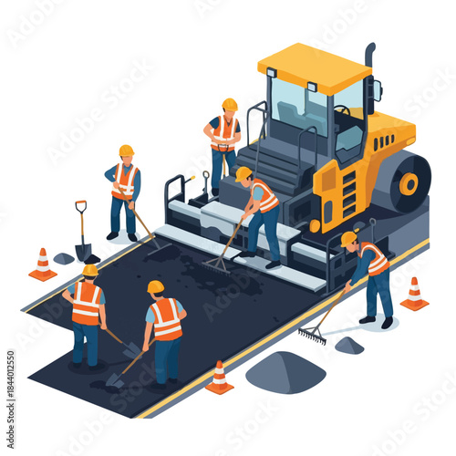 Isometric illustration of construction workers laying asphalt with a road roller, building a new road.