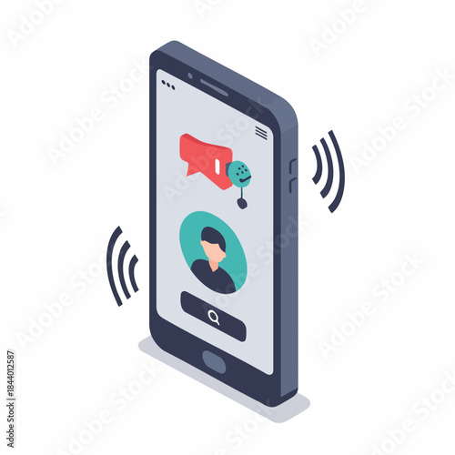 Isometric Notification Mobile Phone with Sound Waves Illustration for App Design