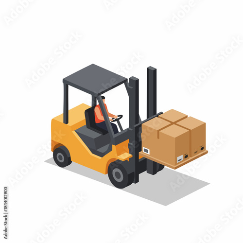 Isometric Industrial Forklift Carrying Cardboard Boxes Machine Illustration Design