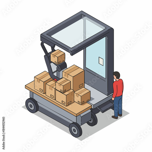Isometric Automated Warehouse Cart Carrying Boxes with Robotic Arm Illustration