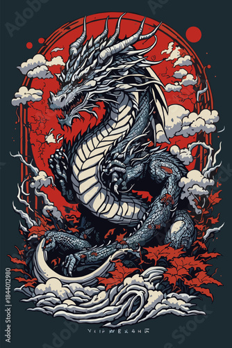 Majestic Dragon in Traditional Japanese Art Style.