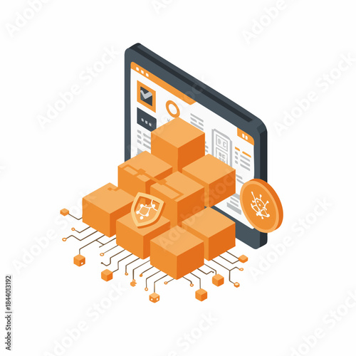 Isometric Style Cryptocurrency Block Digital Security Shield on Tablet Illustration