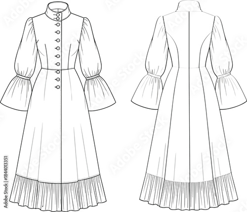 Fashion technical sketch, long dress design, puff sleeve garment, pleated hem detail, front and back view, cad drawing flat vector