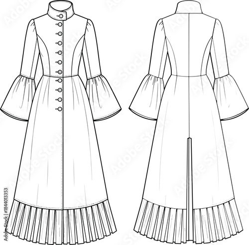 Fashion technical sketch, tailored long dress, high collar design, pleated hem detail, princess seam structure, cad drawing flat vector illustration