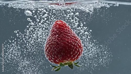 Strawberry Dropping into Water with Bubbles and Splash.
