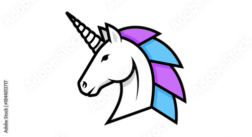 unicorn mascot logo of a white mythical horse head with colorful purple and blue mane on clean white background for branding and esports