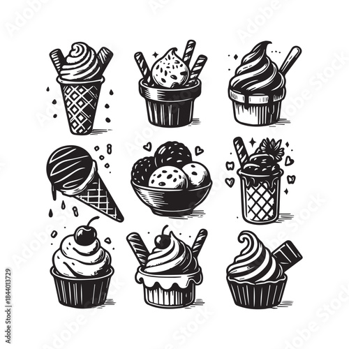 Hand Drawn Ice Cream Dessert Icons Set in Black and White