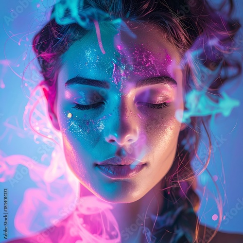 Inner Peace and Cosmic Energy: An ethereal portrait of a serene woman, bathed in radiant neon light and surrounded by swirling cosmic energy. Her eyes are gently closed, expressing inner peace.