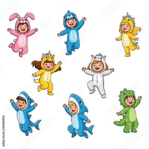 Happy Children Wearing Adorable Animal Onesie Costumes and Jumping with Joy