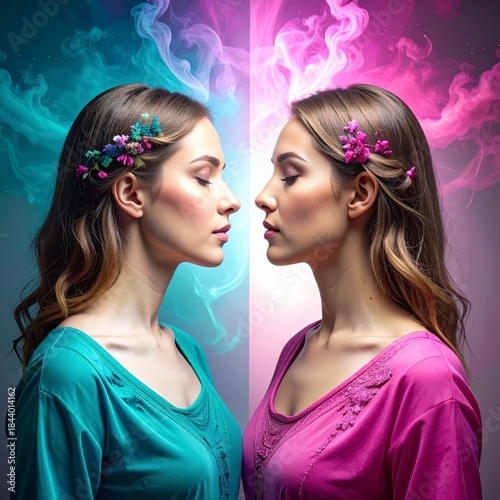 Eternal Reflection: Two ethereal beings, each a vision of serenity, stand in perfect symmetry, bathed in a celestial glow that symbolizes the essence of duality, harmony, and inner peace.