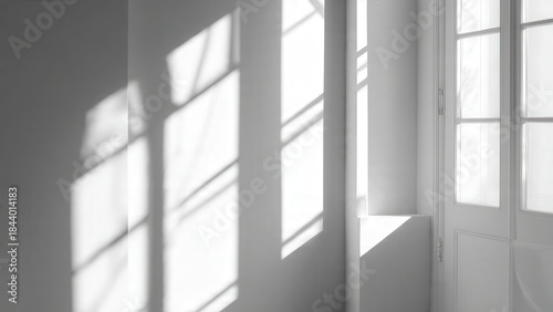 Shadows Dance in the Room: Sunlight streams through a window, casting intricate shadows on a stark white wall, creating a scene of serenity and geometric beauty. 