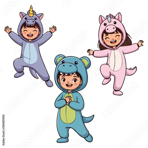 Delighted little children wearing fun animal kigurumi costumes and playing