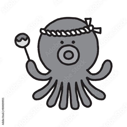 たこ焼きを持っているタコのキャラクター モノクロ